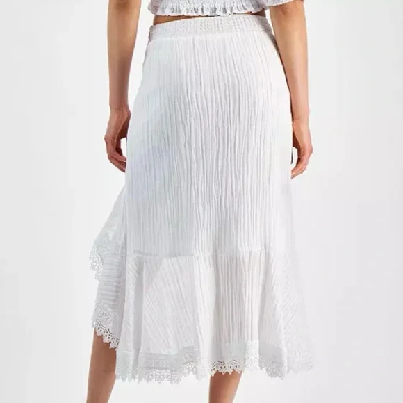 🆕 Guess White Boho Asymmetrical Midi Skirt Lace Trim Crinkle Wrap Style Size XL - Picture 3 of 17